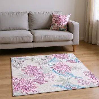 9' X 12' Raspberry Ivory And Blue Geometric Washable Area Rug With UV Protection