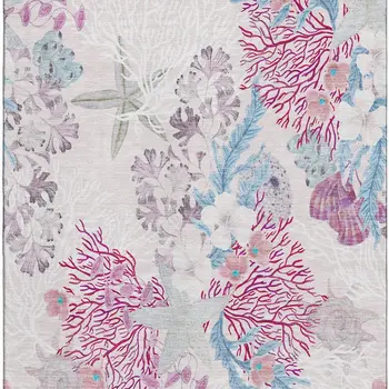 9' X 12' Raspberry Ivory And Blue Geometric Washable Area Rug With UV Protection