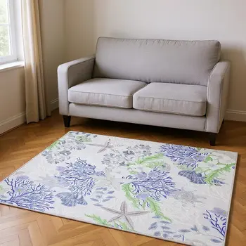 5' X 8' Blue Ivory And Lime Green Geometric Washable Area Rug With UV Protection