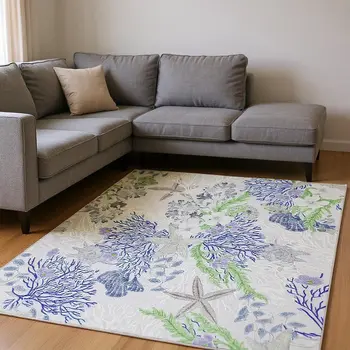 9' X 12' Blue Ivory And Lime Green Geometric Washable Area Rug With UV Protection
