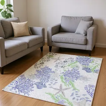 10' X 14' Blue Ivory And Lime Green Geometric Washable Area Rug With UV Protection