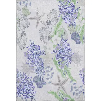 10' X 14' Blue Ivory And Lime Green Geometric Washable Area Rug With UV Protection