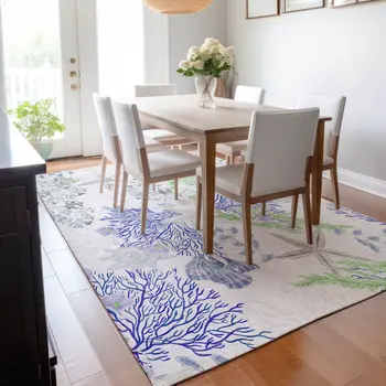 10' X 14' Blue Ivory And Lime Green Geometric Washable Area Rug With UV Protection
