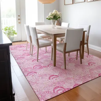 5' X 8' Pink And Ivory Geometric Washable Area Rug With UV Protection