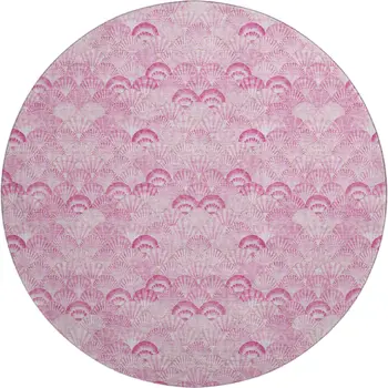 8' Pink And Ivory Geometric Washable Round Rug With UV Protection