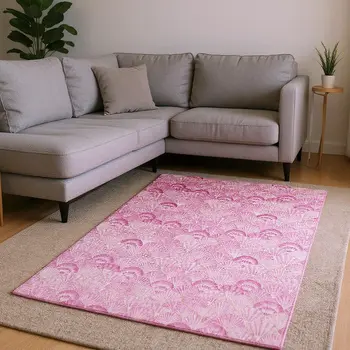 9' X 12' Pink And Ivory Geometric Washable Area Rug With UV Protection