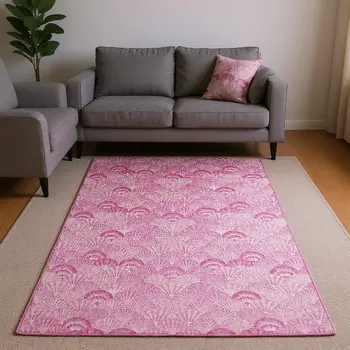 10' X 14' Pink And Ivory Geometric Washable Area Rug With UV Protection