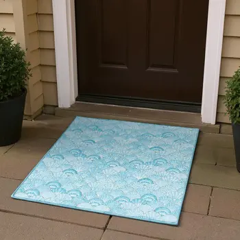 3' X 5' Aqua And Ivory Geometric Washable Area Rug With UV Protection