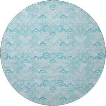 8' Aqua And Ivory Geometric Washable Round Rug With UV Protection