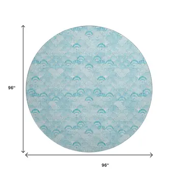 8' Aqua And Ivory Geometric Washable Round Rug With UV Protection