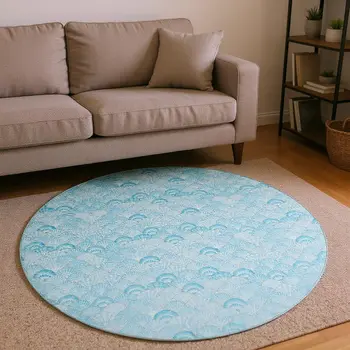 8' Aqua And Ivory Geometric Washable Round Rug With UV Protection