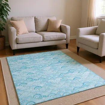 8' X 10' Aqua And Ivory Geometric Washable Area Rug With UV Protection