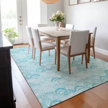 8' X 10' Aqua And Ivory Geometric Washable Area Rug With UV Protection