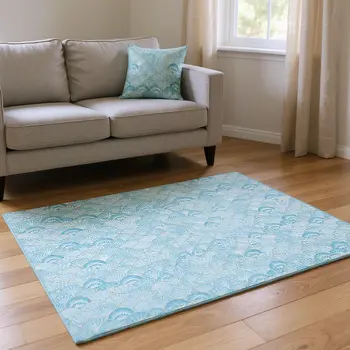9' X 12' Aqua And Ivory Geometric Washable Area Rug With UV Protection