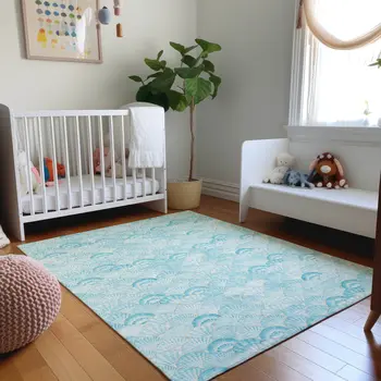 10' X 14' Aqua And Ivory Geometric Washable Area Rug With UV Protection