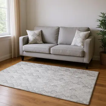 5' X 8' Gray And Ivory Geometric Washable Area Rug With UV Protection