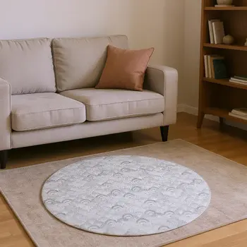 8' Gray And Ivory Geometric Washable Round Rug With UV Protection