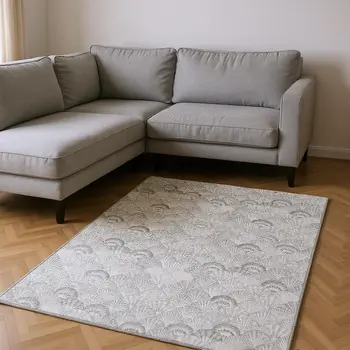 8' X 10' Gray And Ivory Geometric Washable Area Rug With UV Protection