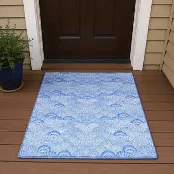 3' X 5' Blue And Ivory Geometric Washable Area Rug With UV Protection
