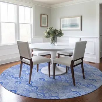 8' Blue And Ivory Geometric Washable Round Rug With UV Protection
