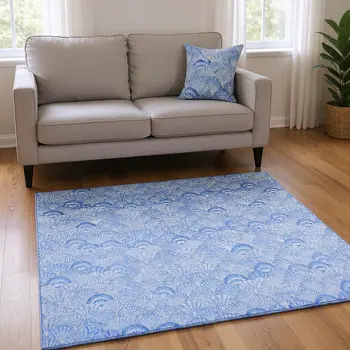 8' X 10' Blue And Ivory Geometric Washable Area Rug With UV Protection