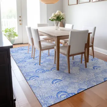 8' X 10' Blue And Ivory Geometric Washable Area Rug With UV Protection