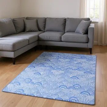 9' X 12' Blue And Ivory Geometric Washable Area Rug With UV Protection