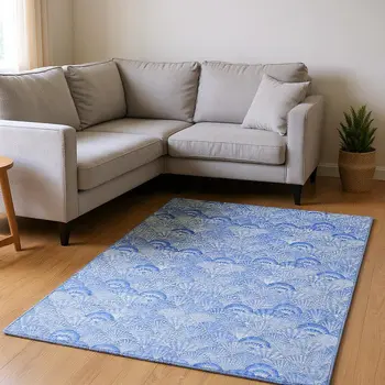 10' X 14' Blue And Ivory Geometric Washable Area Rug With UV Protection
