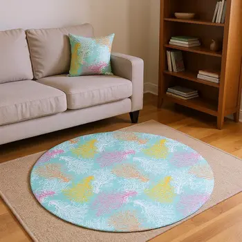 8' Aqua Orange And Pink Geometric Washable Round Rug With UV Protection