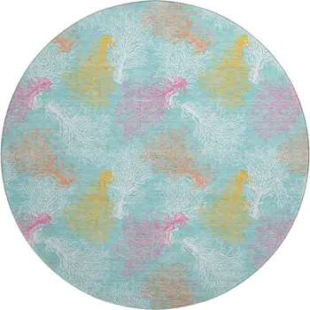 8' Aqua Orange And Pink Geometric Washable Round Rug With UV Protection