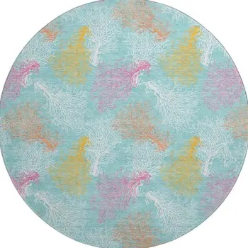 8' Aqua Orange And Pink Geometric Washable Round Rug With UV Protection