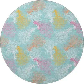 8' Aqua Orange And Pink Geometric Washable Round Rug With UV Protection