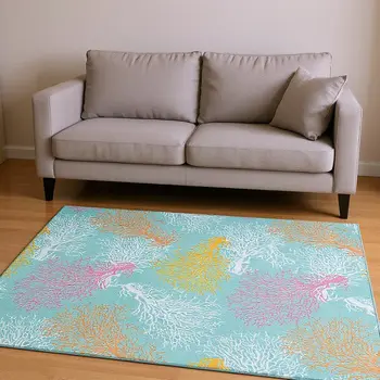 9' X 12' Aqua Orange And Pink Geometric Washable Area Rug With UV Protection