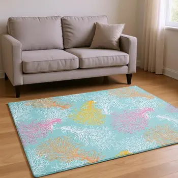 10' X 14' Aqua Orange And Pink Geometric Washable Area Rug With UV Protection