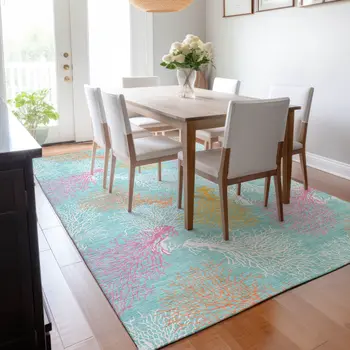 10' X 14' Aqua Orange And Pink Geometric Washable Area Rug With UV Protection