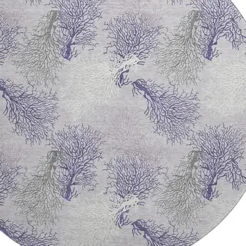 8' Purple Ivory And Gray Geometric Washable Round Rug With UV Protection