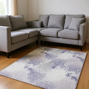 9' X 12' Purple Ivory And Gray Geometric Washable Area Rug With UV Protection
