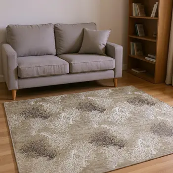 8' Latte Ivory And Gray Geometric Washable Round Rug With UV Protection