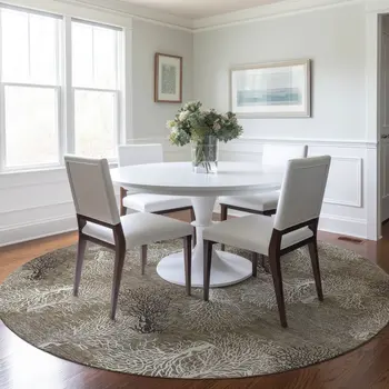 8' Latte Ivory And Gray Geometric Washable Round Rug With UV Protection