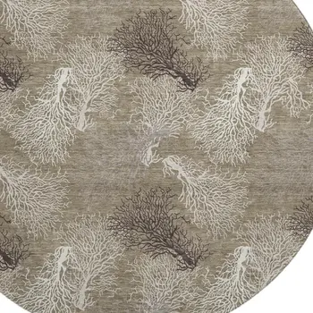 8' Latte Ivory And Gray Geometric Washable Round Rug With UV Protection