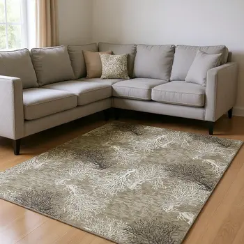 9' X 12' Latte Ivory And Gray Geometric Washable Area Rug With UV Protection