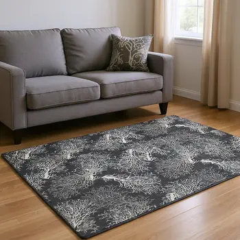 5' X 8' Midnight And White Geometric Washable Area Rug With UV Protection