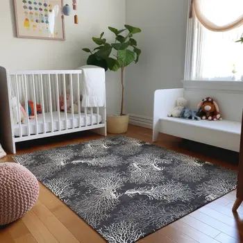 5' X 8' Midnight And White Geometric Washable Area Rug With UV Protection