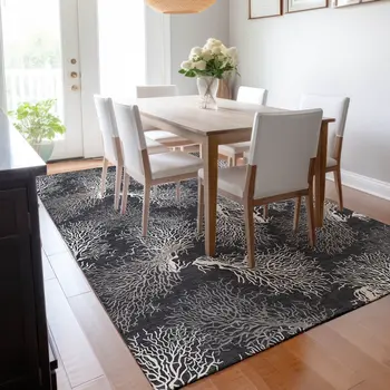 5' X 8' Midnight And White Geometric Washable Area Rug With UV Protection
