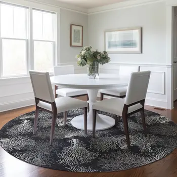 8' Midnight And White Geometric Washable Round Rug With UV Protection