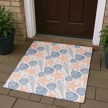 3' X 5' Peach Ivory And Navy Blue Geometric Washable Area Rug With UV Protection