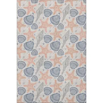 3' X 5' Peach Ivory And Navy Blue Geometric Washable Area Rug With UV Protection