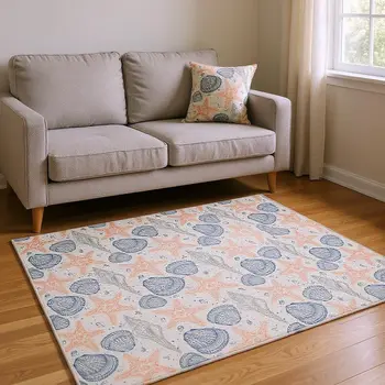 5' X 8' Peach Ivory And Navy Blue Geometric Washable Area Rug With UV Protection