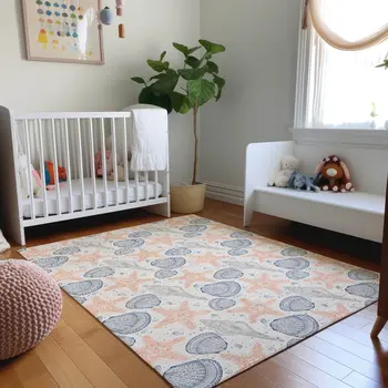 5' X 8' Peach Ivory And Navy Blue Geometric Washable Area Rug With UV Protection