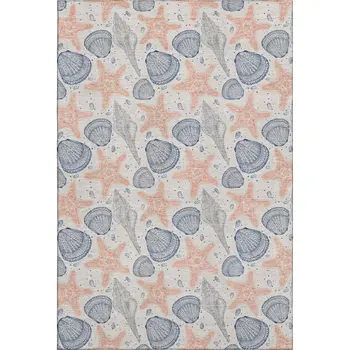 5' X 8' Peach Ivory And Navy Blue Geometric Washable Area Rug With UV Protection